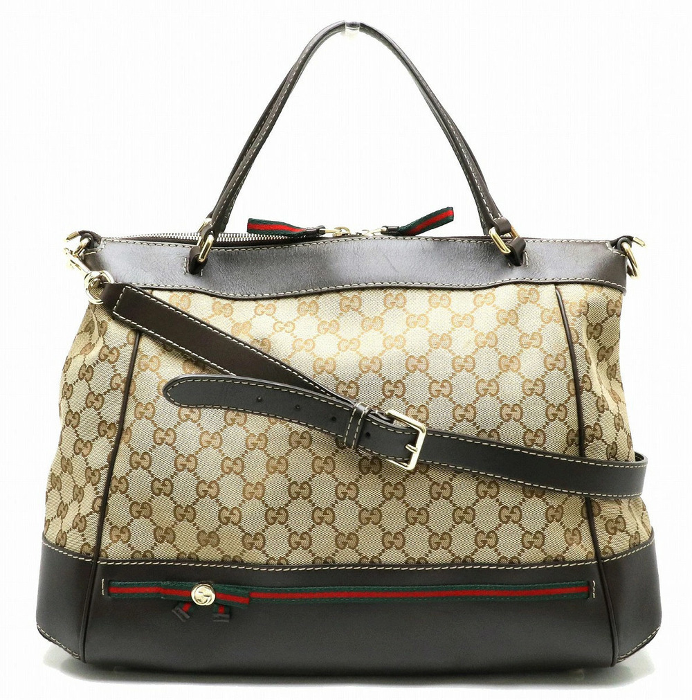 Gucci GG Canvas Webbing Ribbon Tote Bag Shoulder Leather Beige Brown Cream